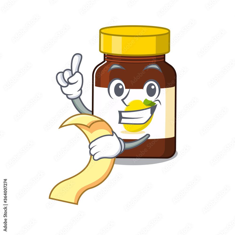 bottle vitamin c mascot character style with a menu on his hand
