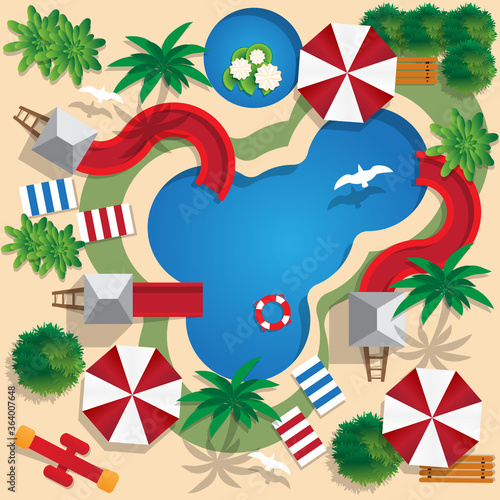 Plan water park on the beach. View from above. Vector illustration. 