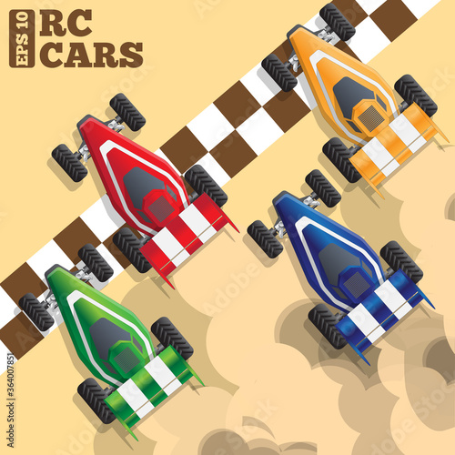 Races radio-controlled cars at the finish. View from above. Vector illustration. 
