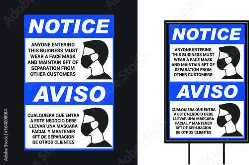 Notice for your safety keep 6 feet  distance between you and others Social Awareness vector yard sign design template English & Spanish language. Wear mask Maintain social distancing.