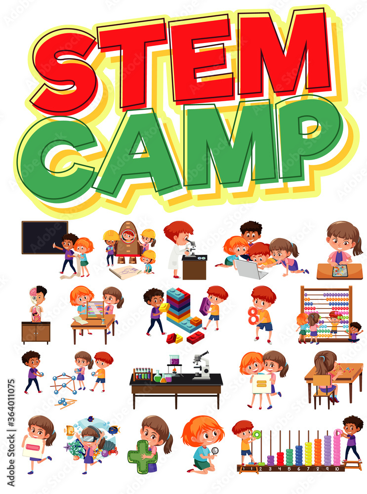 Stem camp logo and set of children with education objects isolated