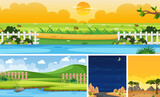 Four different scene of nature place in vertical and horizon scenes at daytime and night