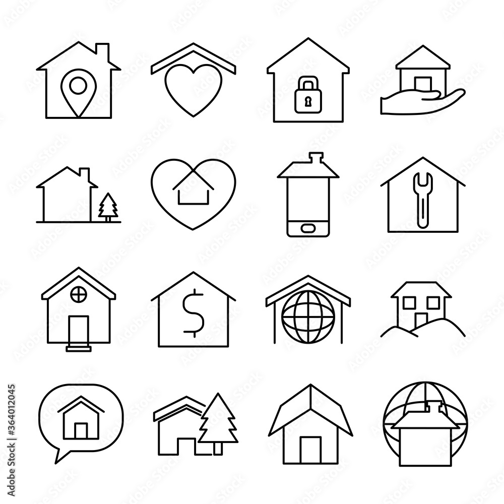 global sphere and houses icon set, line style
