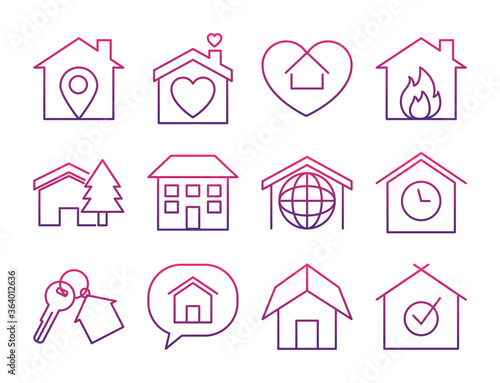 keychain and houses icon set, gradient style
