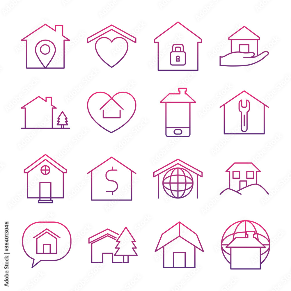 global sphere and houses icon set, gradient style global sphere and houses icon set, gradient style