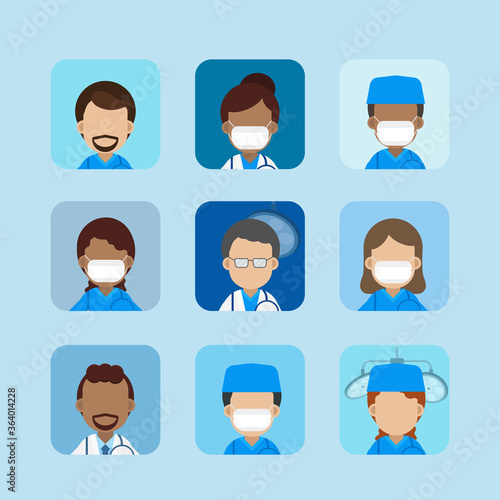 Set of doctor and surgeon avatars flat design vector illustration