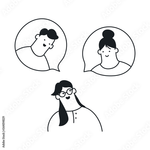 Chat, communication, messaging. Woman with chat bubbles under her head. Dialogue, communicative communication, chat connection. Flat line vector icon