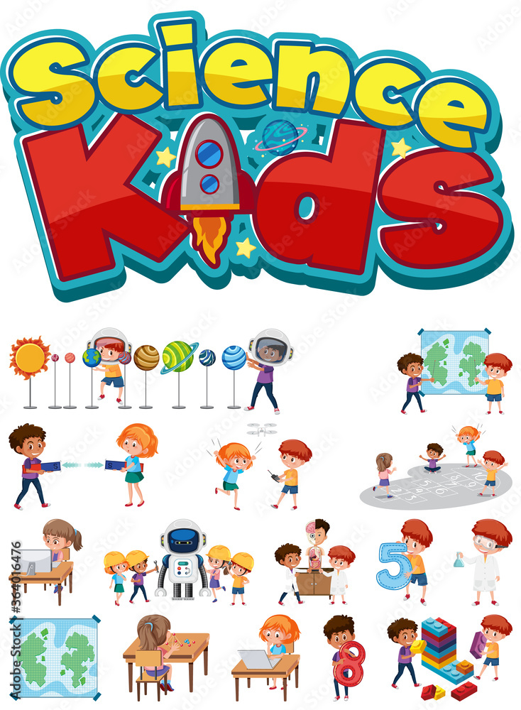 Fototapeta premium Science kids logo and set of children with education objects isolated