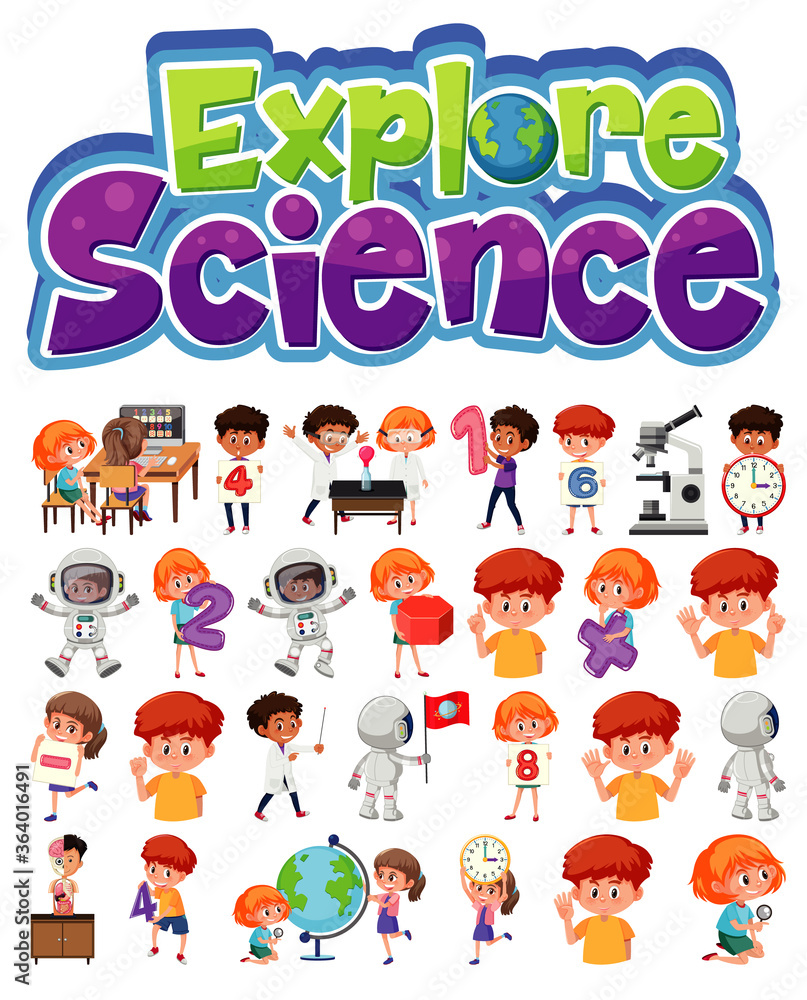 Fototapeta premium Explore science logo and set of children with education objects isolated