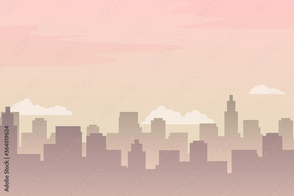 Vector of city skyline view in the morning with pink color suitable for background or illustration. Beautiful urban landscape vector  