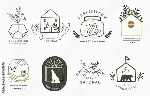 Beauty occult logo collection with hand, flower,house,fox,bear.Vector illustration for icon,logo,sticker,printable and tattoo