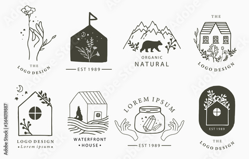 Beauty occult logo collection with hand, flower,house,fox,bear.Vector illustration for icon,logo,sticker,printable and tattoo