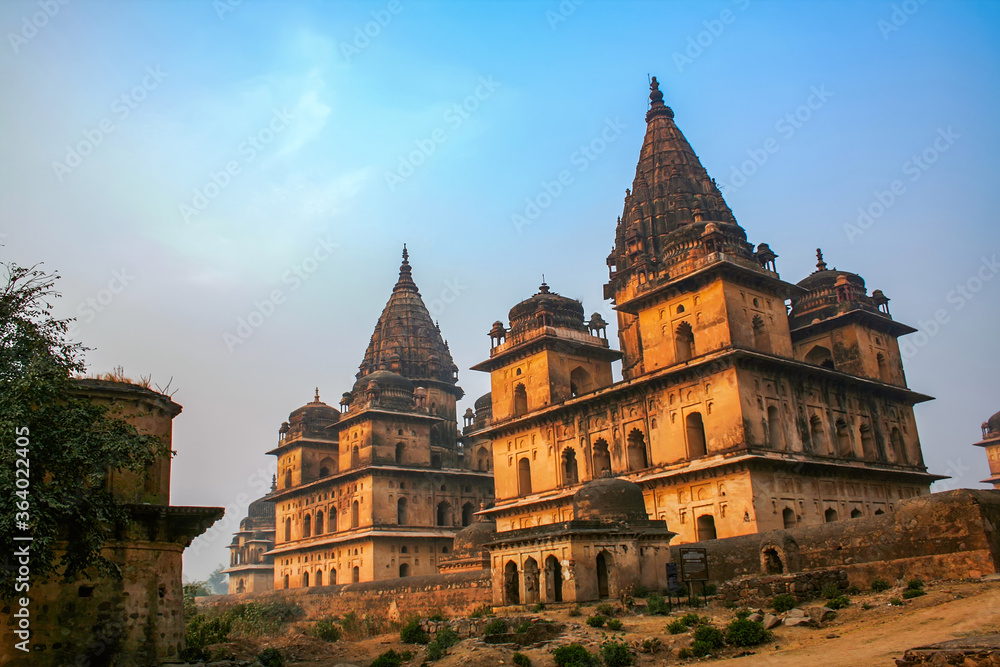 View of Royal cenotaphs (Chhatris) of Orchha, Madhya Pradesh, India.