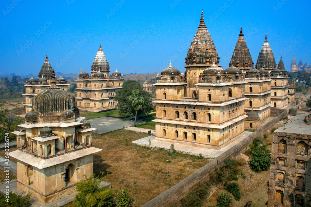 View of Royal cenotaphs (Chhatris) of Orchha, Madhya Pradesh, India.