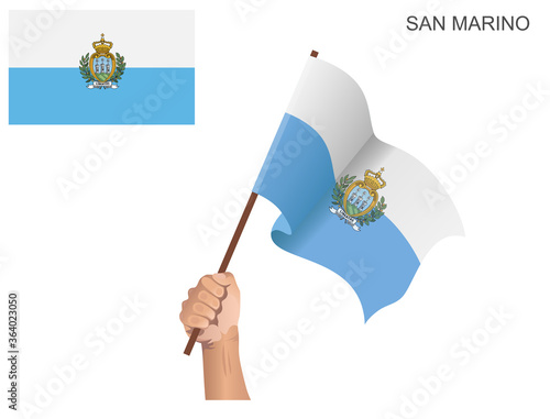 The flag of the State of San Marino which is hoisted with a stick held by hand to inflame the spirit of statehood