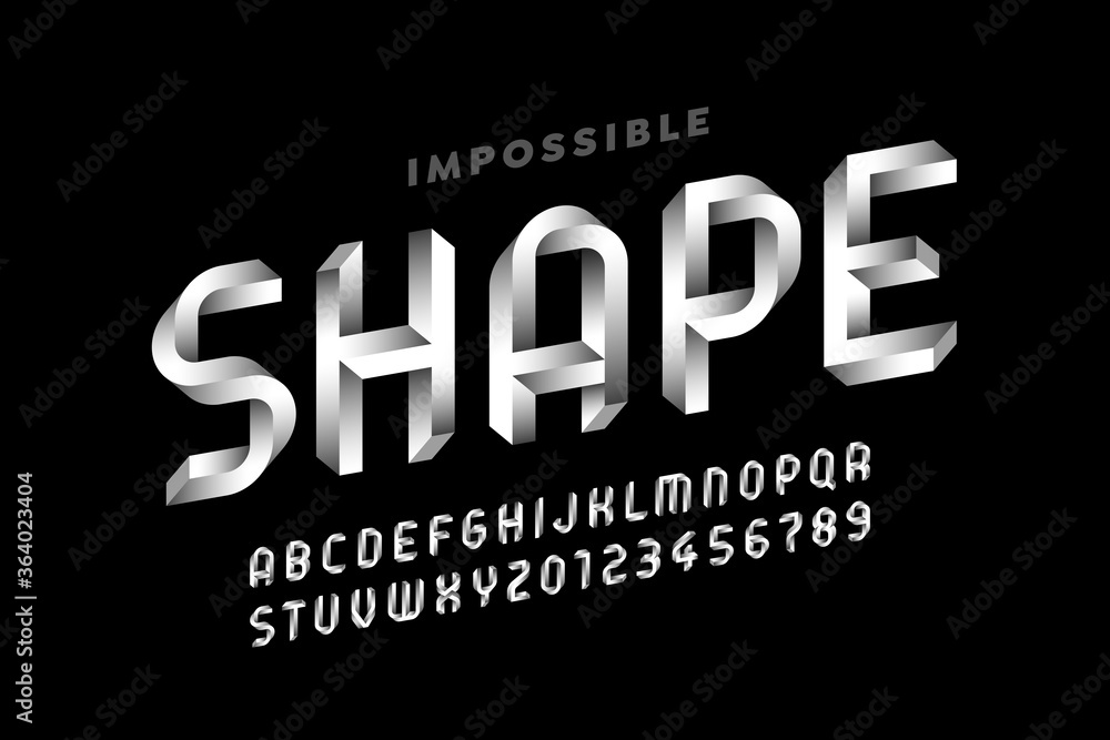 Impossible shape style font, alphabet letters and numbers - obrazy, fototapety, plakaty 