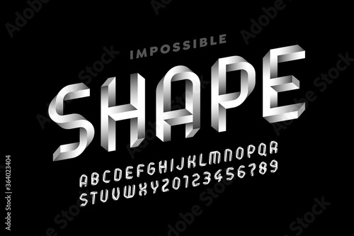 Impossible shape style font, alphabet letters and numbers