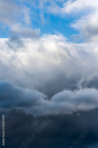 Scenery dramatic thunderstorm clouds with blue sky background. Natural weather landscape