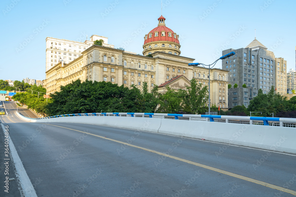 Classical architecture and urban roads on the bund in chongqing, China
