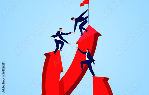 Business people climb to the top, leaders help their peers to the top, teamwork and friendship