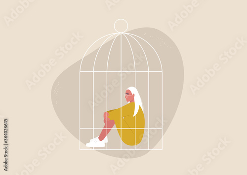 Domestic violence, quarantine lock down, depression and despair, young female character sitting inside a birdcage, sexism