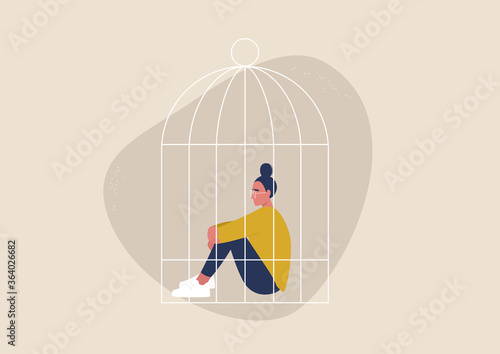Domestic violence, quarantine lock down, depression and despair, young female character sitting inside a birdcage, sexism