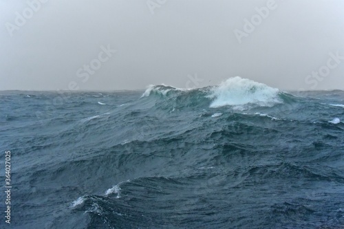 High waves on the high seas. Inside a typhoon in the Pacific Ocean. The hard work of sailors.