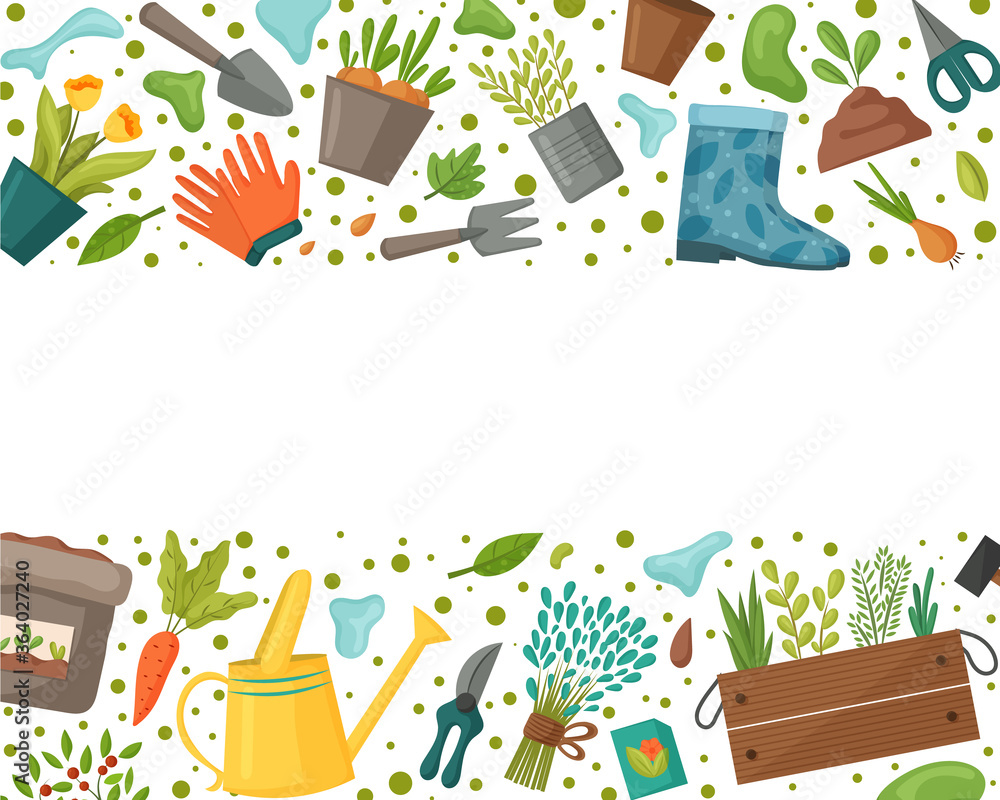 Garden frame with tools and plants. Design for flyer template, logo, print, packaging, card. Vector illustration.