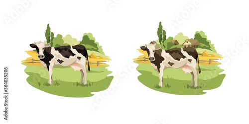 Set of labels with a cow. Vector illustration, fields and meadows with cows and village houses.