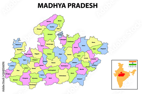 Madhya Pradesh Map. Political and administrative map of Madhya Pradesh with districts name. Showing International and State boundary and district boundary of Madhya Pradesh. Vector of districts map.
