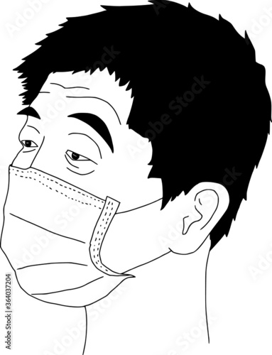 Black and white illustration of a man wearing mask.