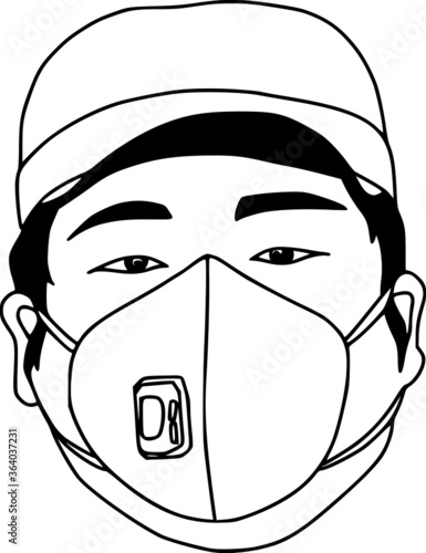 Black and white illustration of a man wearing mask.