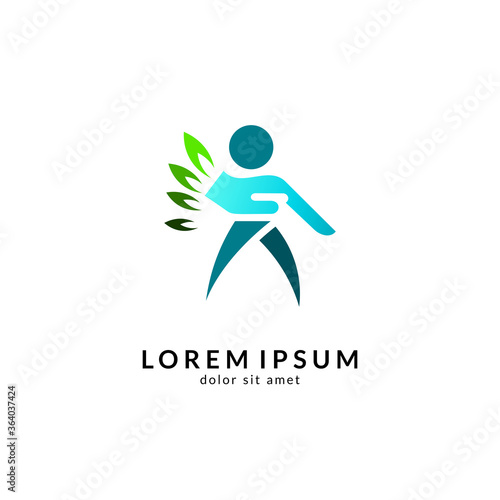 Human with leaf logo concept, medical clinic, healthy family logo, people health care and medicine vector illustration