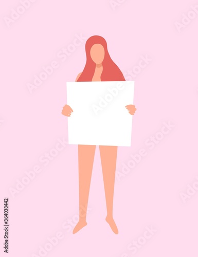 Naked girl holding a poster. Woman without clothes with a tent. Space for your message. Material for use on social networks. Vector illustration with a naked red-haired girlfriend.