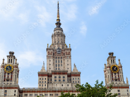 view of main building of Moscow State University from east side on Lebedev street on summer day