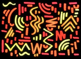 abstract geometric shapes with red, yellow and orange markers on a black background, freehand abstract background with live materials, neon, glows