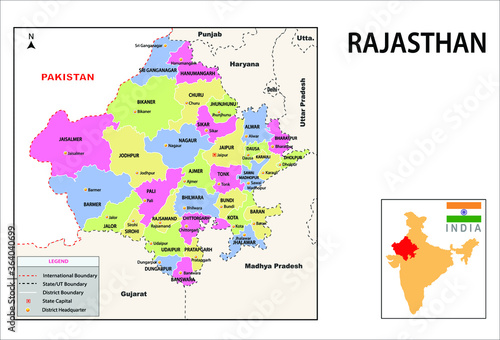 Rajasthan map. Political and administrative map of Rajasthan with districts name. Showing International and State boundary and district boundary of Rajasthan. Vector illustration of districts map.