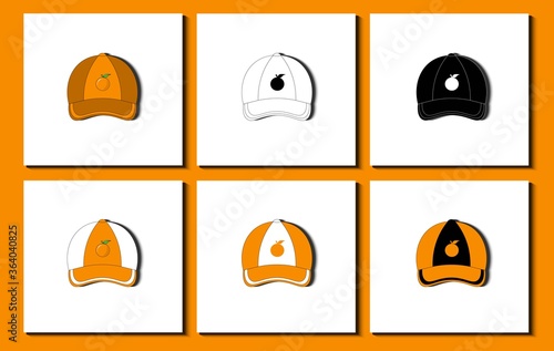 Set of baseball caps. Different orange fruit patterns, stripe, icon, etc. Flat Design Vector Illustration.