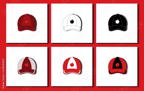 Set of baseball caps. Different apple fruit patterns, stripe, icon, etc. Flat Design Vector Illustration.