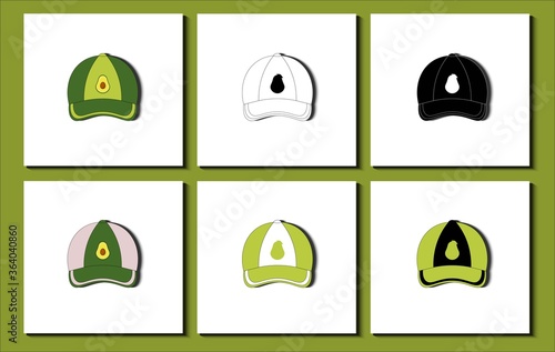 Set of baseball caps. Different avocado fruit patterns, stripe, icon, etc. Flat Design Vector Illustration.