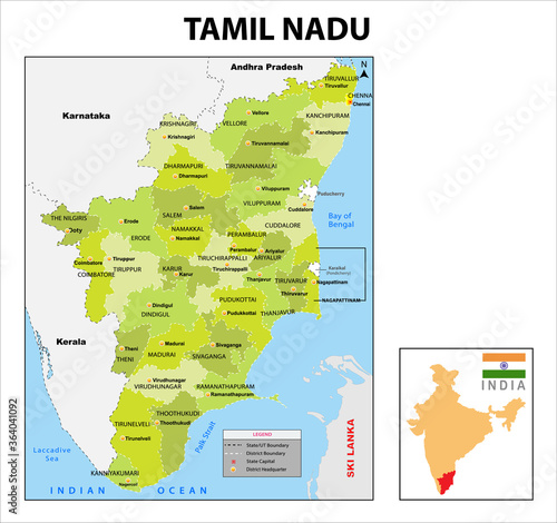 Tamil nadu map. District ways map of tamil nadu with name. Vector illustration of Tamilnadu geographical map. New and original design with showing border line and name. photo