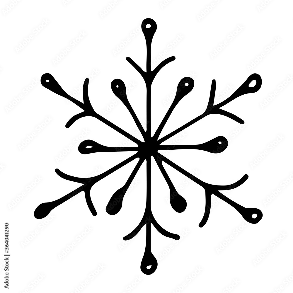 Graceful six-pointed snowflake, hand-drawn in a doodle style. The snowflake is drawn from six long rays with branches and six smaller rays. Each beam at the end is shaped like a drop. Graceful six-pointed snowflake, hand-drawn in a doodle style. The snowflake is drawn from six long rays with branches and six smaller rays. Each beam at the end is shaped like a drop.