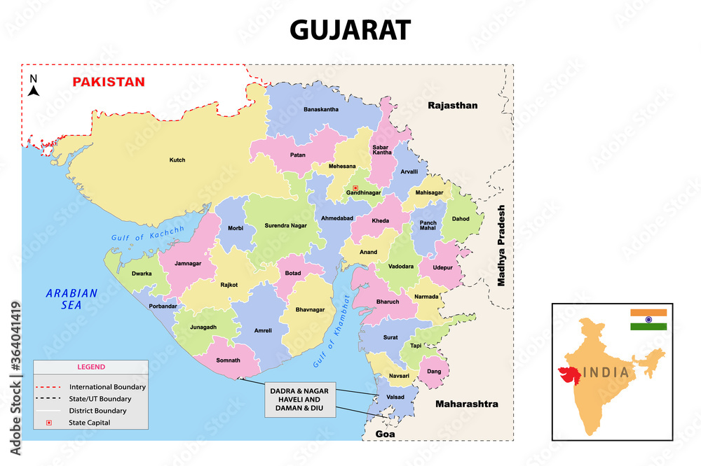 Gujurat map. Political and administrative map of Gujurat with districts name. Showing International and State boundary and district boundary of Gujurat. Vector illustration of vector districts map. Gujurat map. Political and administrative map of Gujurat with districts name. Showing International and State boundary and district boundary of Gujurat. Vector illustration of vector districts map.