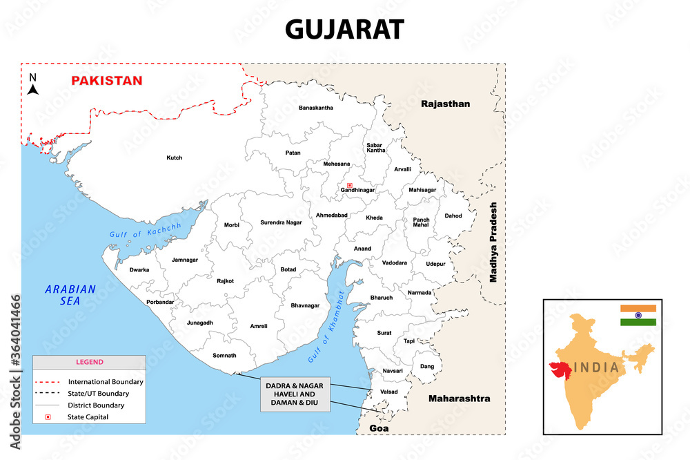 Gujurat map. Political and administrative map of Gujurat with districts name. Showing International and State boundary and district boundary of Gujurat. Vector illustration of vector districts map.