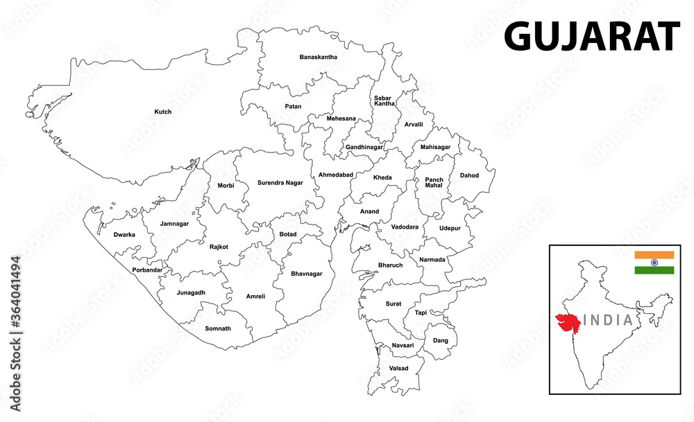 Fototapeta Gujurat map. Political and administrative map of Gujurat with districts name. Showing International and State boundary and district boundary of Gujurat. Vector illustration of vector districts map.