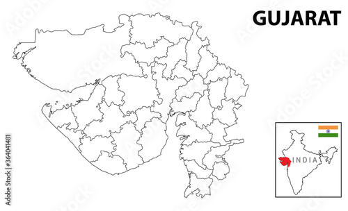 Gujurat map. Political and administrative map of Gujurat with districts name. Showing International and State boundary and district boundary of Gujurat. Vector illustration of vector districts map.