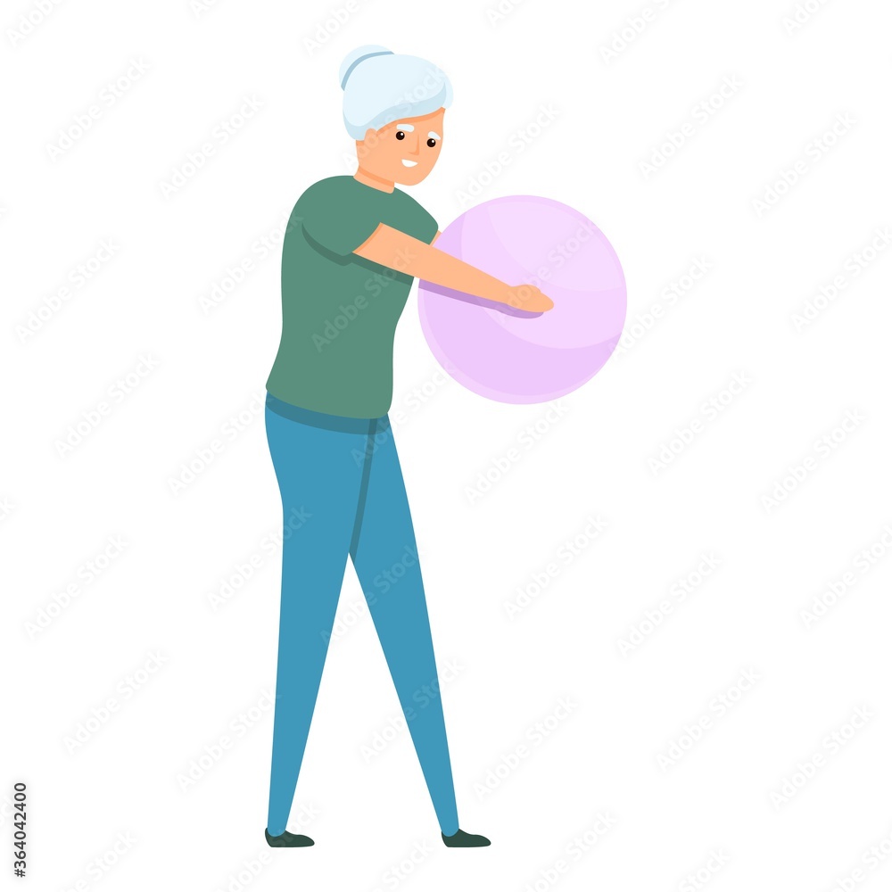 Senior woman with fitness ball icon. Cartoon of senior woman with fitness ball vector icon for web design isolated on white background Senior woman with fitness ball icon. Cartoon of senior woman with fitness ball vector icon for web design isolated on white background