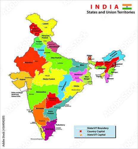 India map. States and union territories of India. India political map with capital New Delhi, national borders, important cities, rivers and lakes. English labeling and scaling. Illustration.