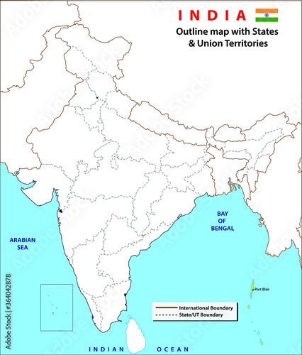 India map. Political Map of India. Black and white Outline map vector. Detailed India Map on white Background with states and union territories in India.