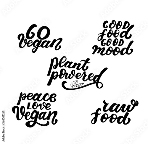 Vegan lifestyle stickers set. Go vegan, raw food, good food good mood, peace love vegan, plant powered. Motivational quote. Handwritten. Brush calligraphy. Web element for poster, t-shirt print, card